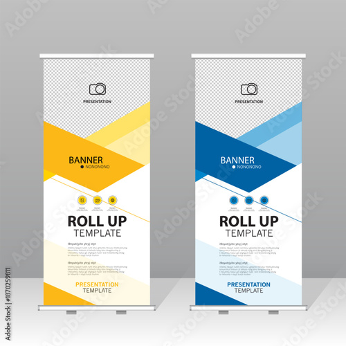 Modern roll up banner template set with blue and yellow abstract design, professional presentation stand for business, corporate marketing, exhibition, trade show and advertising display.