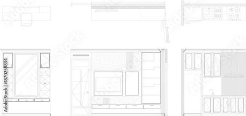 Three Built-in Interior Design Concepts for Home Use: Vanity Table, TV Unit with Shelves, and Pantry Design