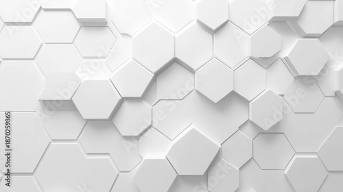white 3d hexagonal tiles arranged in layered honeycomb pattern with soft shadows, modern minimal geometric abstract background conveying calm futuristic simplicity