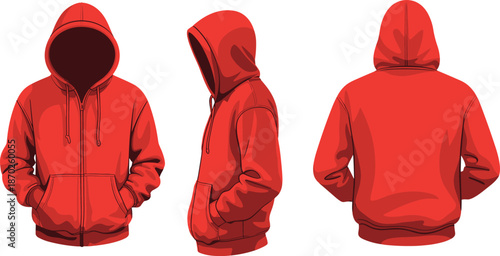Red zip hoodie vector illustration front side and back views modern casual streetwear sweatshirt apparel design template mockup