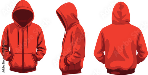 Red zip hoodie vector illustration front side back views modern casual streetwear sweatshirt apparel design template mockup for fashion branding
