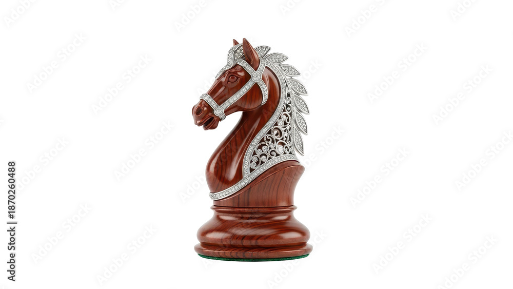 Fototapeta premium Ornate wooden knight chess piece with silver filigree, luxury mahogany chess horse on white background, strategic gaming asset for business and competition