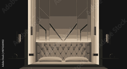 A sophisticated modern bedroom interior features a luxurious tufted headboard, geometric wall design, and integrated ambient lighting, offering a tranquil retreat.