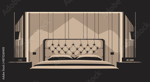 A sophisticated vector illustration of a modern bedroom interior, featuring a luxurious tufted headboard, elegant bedside tables, and ambient lighting for a serene home.