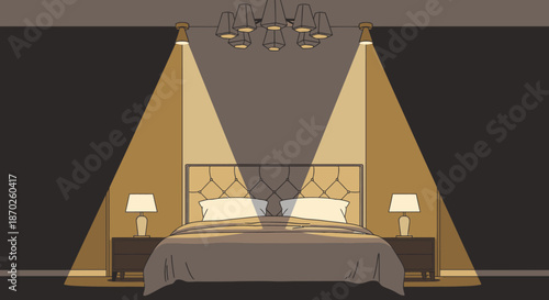 An elegantly designed modern bedroom features a plush bed, stylish nightstands with lamps, and a sophisticated chandelier, all illuminated by warm, inviting light.