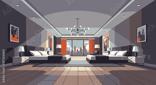 An opulent, modern hotel room featuring two comfortable beds, sophisticated decor with orange accents, and a stunning cityscape visible through the balcony doors.