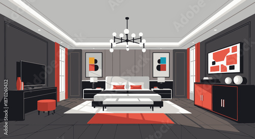 This luxurious modern bedroom interior, featuring a striking black, white, and red color palette, offers a sophisticated and stylish retreat.