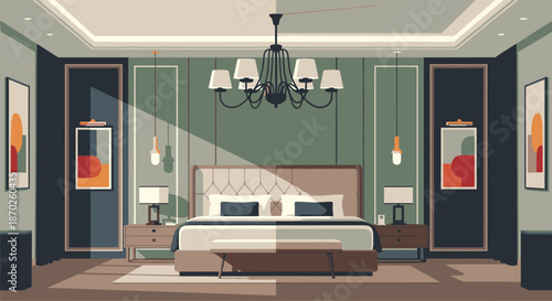 A beautifully designed modern bedroom interior featuring a large bed, elegant chandelier, and abstract art, illuminated by natural sunlight.