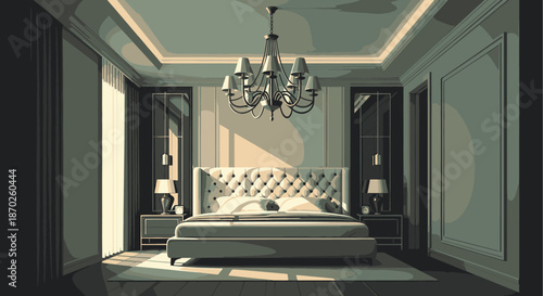 An exquisitely designed modern luxury bedroom interior bathed in soft morning light, featuring a grand tufted bed and a sophisticated chandelier.