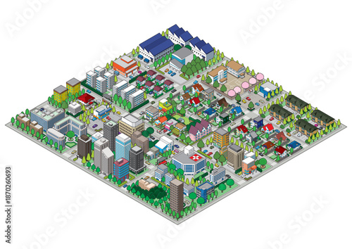 街並みの立体図. 都市の景観. アイソメ図で描いた都市.