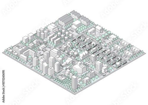 街並みの立体図. 都市の景観. アイソメ図で描いた都市.