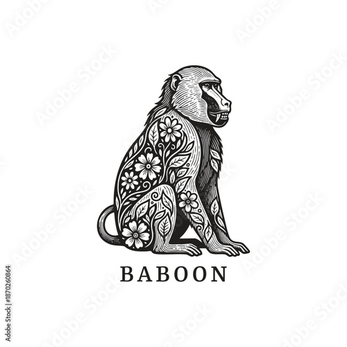 Decorative baboon monkey illustration featuring elegant floral patterns and botanical elements, artistic black and white primate logo isolated on white background.