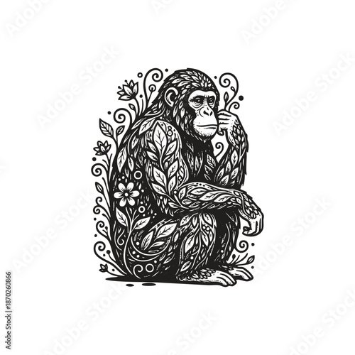 Intricate bonobo chimpanzee illustration featuring elegant floral patterns and botanical leaf elements, artistic black and white primate design isolated on white background.