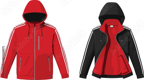 Sporty hooded jacket vector illustration showing front open and closed views modern athletic outerwear design mockup for fashion branding