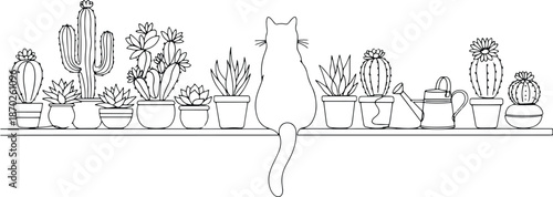 Black line art of a cat sitting among potted plants, isolated.