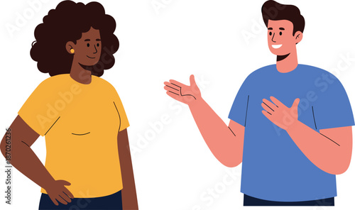 Smiling man and woman discussing ideas with hand gestures, friendly communication, teamwork concept, diversity inclusion, modern flat vector illustration design