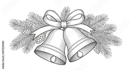 Black and white illustration of christmas bells with a bow and pine branches
