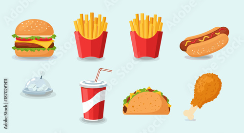 Assorted fast food items on a light blue background including burger and fries