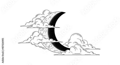 Black and white illustration of crescent moon with clouds floating in sky