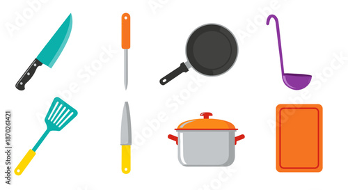 Colorful kitchen utensils and cookware on for cooking