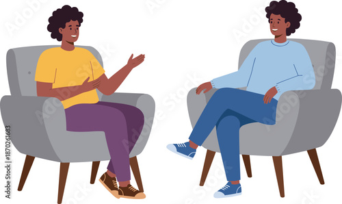 Two people having friendly conversation sitting on armchairs, casual meeting, communication concept, counseling session, interview discussion, modern flat vector illustration