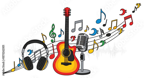 Colorful music notes and guitar with microphone and headphones