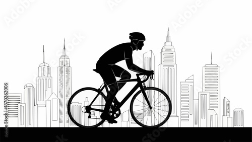 Silhouette of a cyclist riding a bicycle in a city skyline.