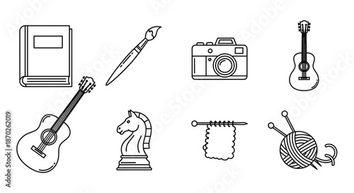 Various objects including book, guitar, camera, and knitting tools