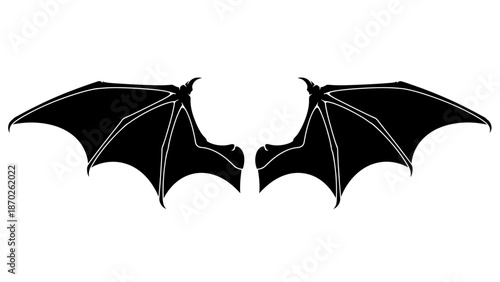 Black silhouette of a pair of bat wings spread wide on a white background.