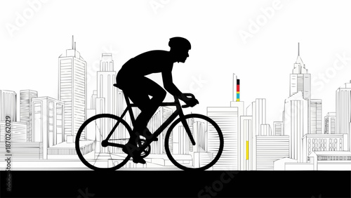 Silhouette of a cyclist riding a bicycle in a city.
