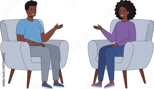Two people sitting on armchairs having friendly conversation interview discussion communication concept flat vector illustration isolated on white background