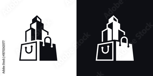Dual meaning logo combining a shopping bag and building, symbolizing commercial property, retail business, investment, and modern urban commerce solutions.
