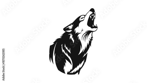 Black and white illustration of a wolf howling upwards on a white background.