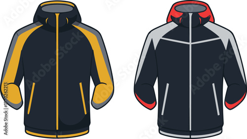 Two tone hooded jackets front and back view vector illustration for modern outdoor sportswear apparel mockup branding design template retail