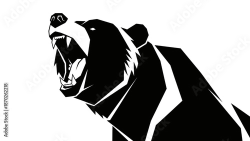 A black and white graphic illustration of a bear's head with its mouth open.