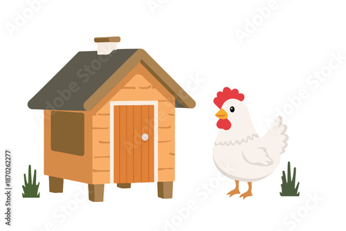 A hen, a chicken, and a rooster standing beside a small wooden house illustration