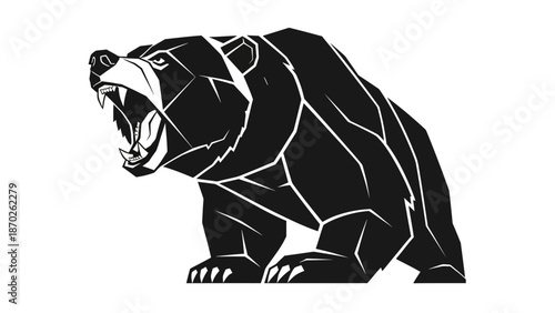 A black bear with white lines roars on a white background.