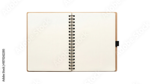 Top View of Open Spiral Notebook Mockup with Blank Cream Pages and Kraft Cover isolated PNG with Transparent Background