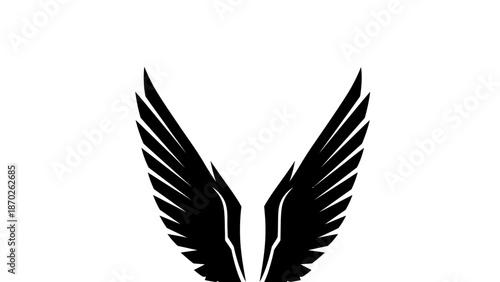Black graphic illustration of a pair of wings on a white background.