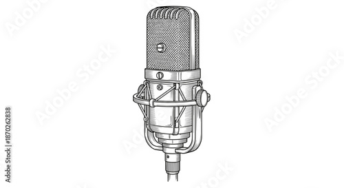 Vintage microphone illustration in a detailed line drawing style