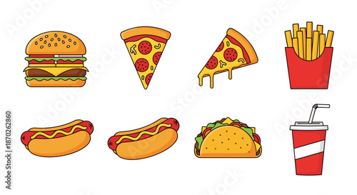 A variety of fast food items on a including burger and pizza