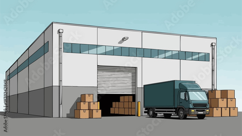 Modern Warehouse Building with Delivery Truck and Cargo Boxes.