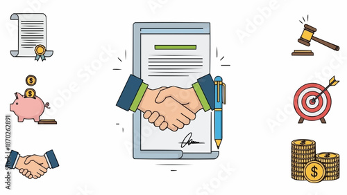 Business Agreement Handshake with Legal Documents and Financial Icons.