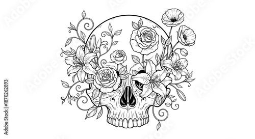 Black and white skull with floral design on head in line art style
