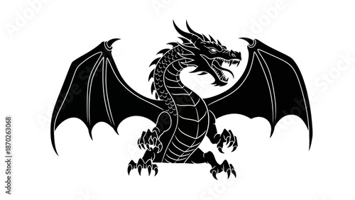 Black silhouette of a dragon with wings spread on a white background