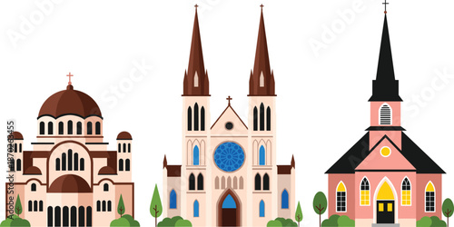 Christian Church Architecture Vector Set with Cathedral, Basilica, and Chapel Buildings for Religion, Faith, Worship, and Travel Illustrations