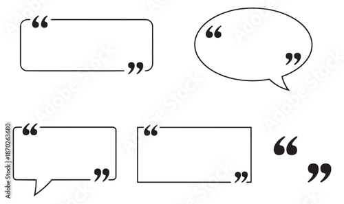 Outline quote box set featuring speech bubbles and text frames with quotation marks for communication design