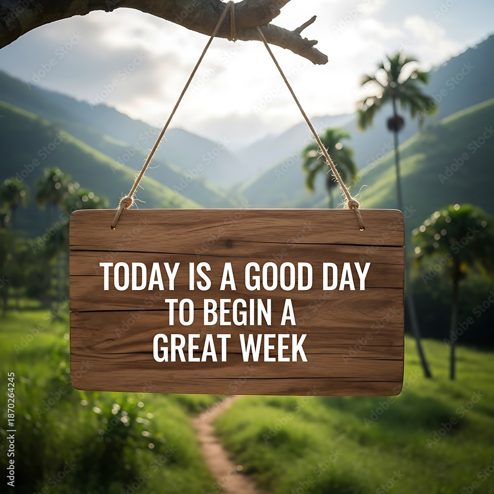 Naklejka premium Wooden sign with motivational quote hanging from a tree branch with lush greenery and mountains in the background