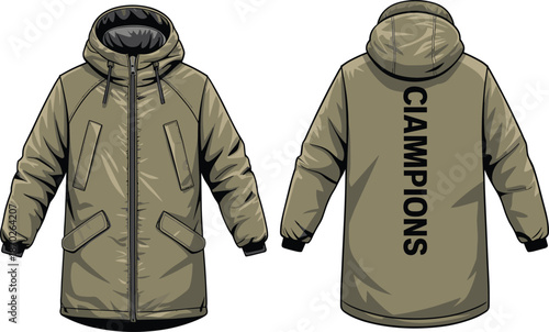 Winter hooded parka jacket vector illustration showing front and back views modern outerwear mockup design with branding typography details