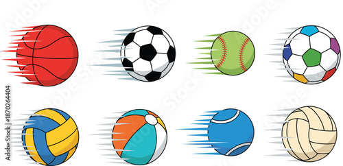 Sports Ball Motion Vector Set with Fast Moving Soccer, Basketball, Baseball, Volleyball, and Tennis Balls for Action and Game Illustrations